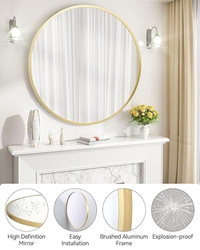 Gold Circle Mirror for Bathroom, 18 inch Round Mirror, HD Eco-Friendly Round Bathroom Mirror for Over Sink, Small Matte Gold Metal Framed Wall Mirror for Wall, Vanity, Entryway, Easy to Install - Gold - 18"L x 18"W thumbnail 5