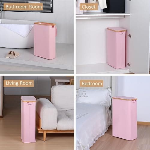 iEGrow 65L Slim Laundry Hamper, Narrow Laundry Basket with Lid,Foldable Clothes Hamper with Bamboo Handles,Hamper Basket with Removable Inner Bag for Laundry Room Bedroom College Dorm,17.17 Gals Pink thumbnail 7