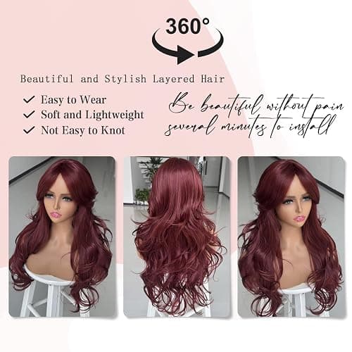 Jolelyne Red Layered Wavy Wig with Curtain Bangs for Black White Women Synthetic Long Burgundy Layered Wig Natural Looking Synthetic Heat Resistant Wigs for Daily Party UseButterfly Haircut Wigs(BUG) thumbnail 2
