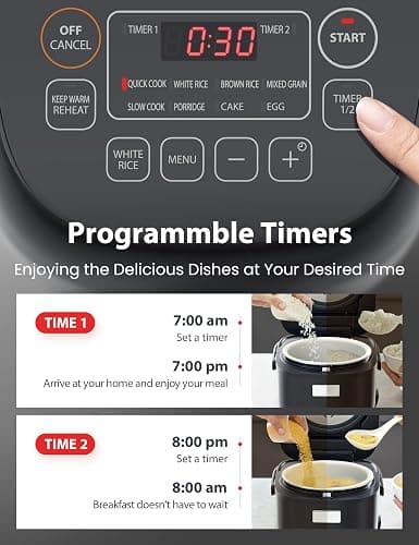 TOSHIBA Rice Cooker Small 3-Cup Uncooked– LCD Display with 8 Cooking Functions: Rice, Oatmeal, Mixed Grains and More, NonStick Inner Pot, Grey thumbnail 7