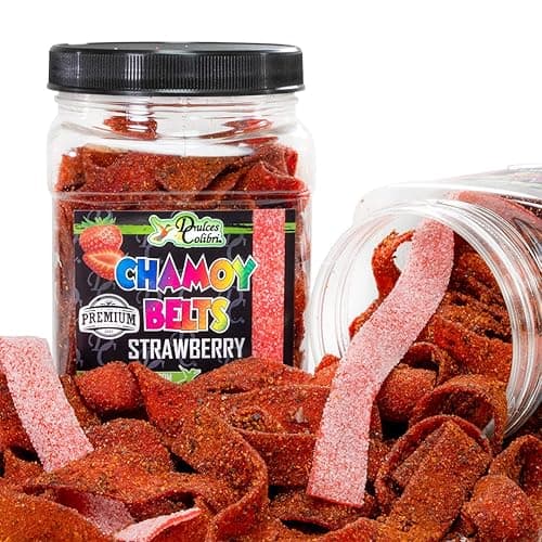 Dulces Colibri - Premium Strawberry Chamoy Belts | Dry Chamoy Coated Gummies | Mess Free | Handmade to Order | Long Lasting Flavor | 10oz Jar | Mix & Match Eligible - Chamoy Belts - Strawberry - 10 Ounce (Pack of 1)