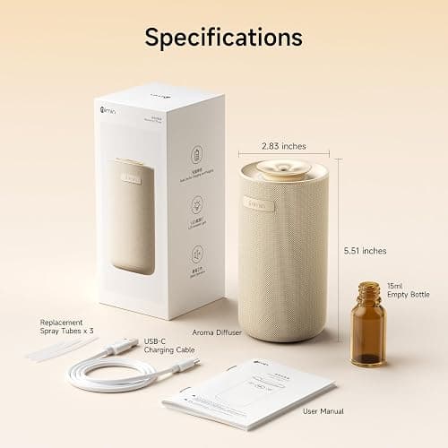 Waterless Essential Oil Diffuser for Home & Car, Cordless Portable Diffuser | Rechargeable 2-in-1 home/car mode switch, auto start-stop & adjustable scent. Fits 5/10/15ml bottles. Cream finish. thumbnail 9