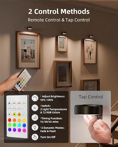 EZVALO Picture Lights for Wall, 2000mAh Rechargeable Battery Magnetic Poster Lights with 3 Color Temps & 12 RGB, Remote Dimmable Timer Painting Light, Wall Decor Light for Art Display, Frame (3 Pack) thumbnail 5
