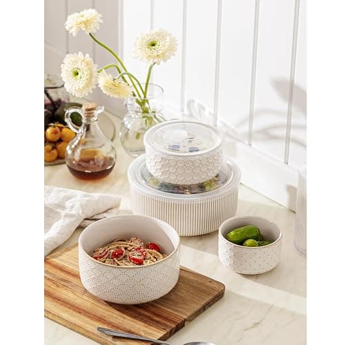 MIKIGEY Mixing Bowls with Lids Set of 4, Ceramic Nesting Bowls, Embossed Mixing Bowl Set for Food Storage, Prep Bowl, Gift, Microwave and Dishwasher Safe, 10/18/33/50 OZ, Off-White thumbnail 2