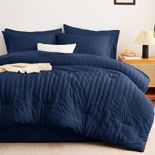 CozyLux King Size Comforter Set Navy Blue Seersucker 7 Pieces Bed in a Bag King Comforter Set with Sheets, Luxury Bedding Set with Down Alternative Comforter, Sheets, Pillowcases & Shams All Seasons thumbnail 3
