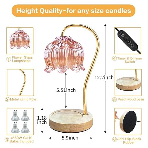 SupBri Dimmable Flower Candle Warmer Lamp, Pink Candle Warmer with Timer & 4Bulbs,Melts Warmer for Jar Candles Birthday Gifts for Women, House Warming Gifts New Home Bedroom Decor thumbnail 2