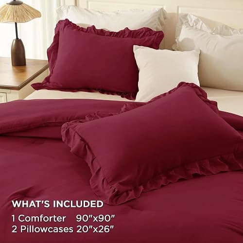 Andency Burgundy Comforter Set Queen Size, Lightweight Fluffy Farmhouse Ruffle Bedding Set, Soft Microfiber All Season Shabby Chic Bed Comforter Set 3 Pieces(1 Comforter 2 Pillowcases) thumbnail 7