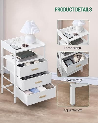Hzuaneri Nachttisch mit LED-Leuchten und ladefunktion, Beistelltisch mit 3 Stoff-Schubladen mit USB-Anschlüssen & Steckdosen, für Schlafzimmer, Wohnzimmer, Weiß NS31013W thumbnail 8