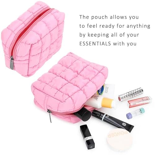 E-Tree Cute Makeup Bag,Quilted Cosmetic Bag for Women,Make up Pouch for Purse,Toiletry Zipper Pouch,Checkered Bag,Travel Case,Storage Pouches for Organization (Pink) thumbnail 7