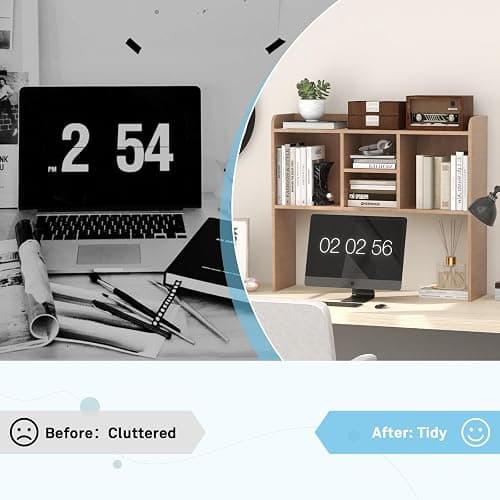 COBANA Desktop Bookshelf, Countertop Storage Hutch with 5 Shelves for Computer Desk, Desk Shelf for Top of Desk Organizer for Office Home Dorm, Wood - Wood thumbnail 5