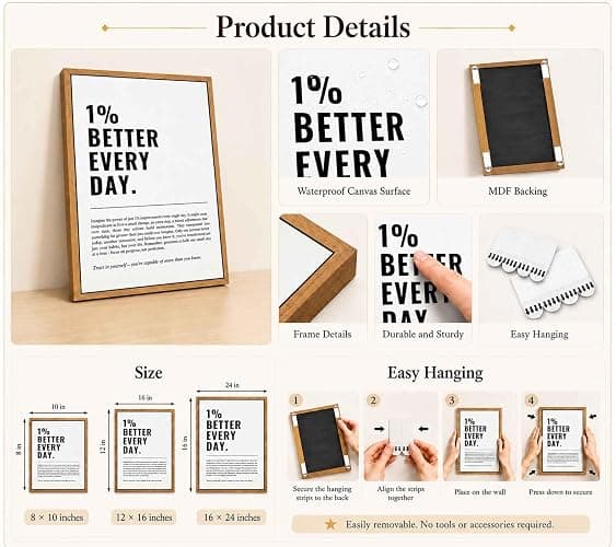 Floating Framed 1% Better Every Day Canvas Wall Art, Modern Quote Painting Picture Wall Decor, Growth Mindset Self Improvement Quote Poster Print Artwork for Office, Gym, Study Home Decoration 8x10in thumbnail 3