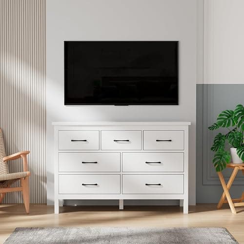 JOZZBY White Dresser for Bedroom with 7 Drawers, Modern Deep Drawer Dresser with Golden Handles, Wooden Storage Organizer Chest of Drawers for Office, Hallway thumbnail 9