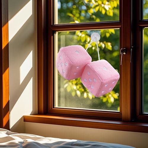 Heart Shaped Vintage Embroidered Fuzzy Plush Dice, Pair 3” Heart Shaped Hanging Dice Ornaments, New Car Decorative Vintage Accessories for Car Interior Rearview Mirror(Pink) thumbnail 6