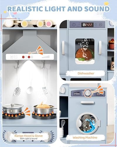 MAMIZO Wooden Corner Play Kitchen, Extra-Large Interactive Kids Kitchen Playset w/Lights & Sounds, Blackboard, Washing Machine, Ice Maker & 7 Accessories, Ultimate Pretend Toy Kitchens for Toddler thumbnail 4