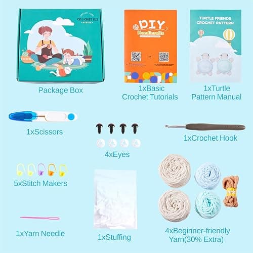 Eelexa Crochet Kit for Beginners, Amigurumi Crocheting Animal Kits, with Step-by-Step Video Tutorials for Kids Adults Beginner - 2 Pack Turtles - Turtle thumbnail 5