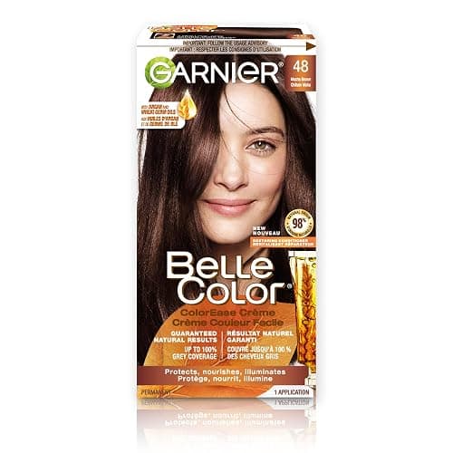 Garnier Belle Color Permanent Hair Dye, 48 Mocha Brown, 100% Grey Coverage, Enriched with Argan Oil and Wheat Germ Oils - 1 Application, Packaging may vary - Image 1