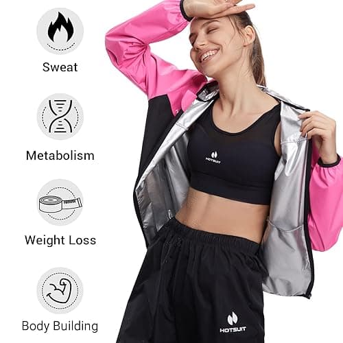 HOTSUIT Sauna Suit for Women Sweat Suits Gym Workout Exercise Sauna Jacket Pant Full Body - Pink Jacket & Pants - Medium thumbnail 7