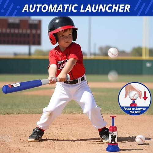HYES 3-in-1 Baseball Set for Kids with Auto Pitching Machine | Tee Ball Stand, Hanging Tee, Ball Launcher and 6 Softballs - Adjustable Height, Indoor/Outdoor Sport Gifts for Boys Girls thumbnail 4
