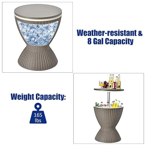 Byroce Outdoor Cooler Side Table, Patio Bar Table w/ 8 Gallon Beer & Wine Cooler, Rattan Style Pool Side & Hot Tub Table, All-Weather Cocktail Table for Parties, Backyard, Deck - Light Coffee thumbnail 5