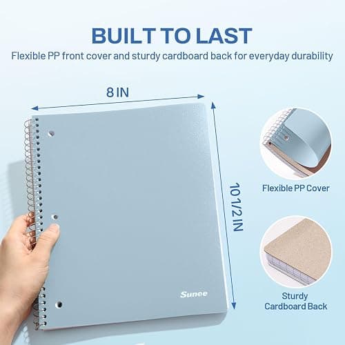SUNEE Spiral Notebook, 1-Subject, Graph Ruled Paper, 8" x 10-1/2", 100 Sheets per Notebook, 3-Hole Punched Paper, Water Resistant Cover, Spiral Grid Notebooks for Work, Home, School, Grey Blue thumbnail 3