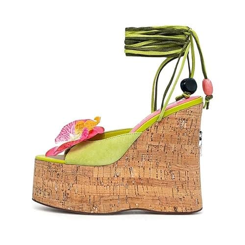 LINMUYOUJIA women's Flowers Cork Platform Bohemian wedge sandals Womens ankle Strap Tropical Peep Toe lime green Tie Up High Heel Party Prom Evening Dance Shoes - Image 1