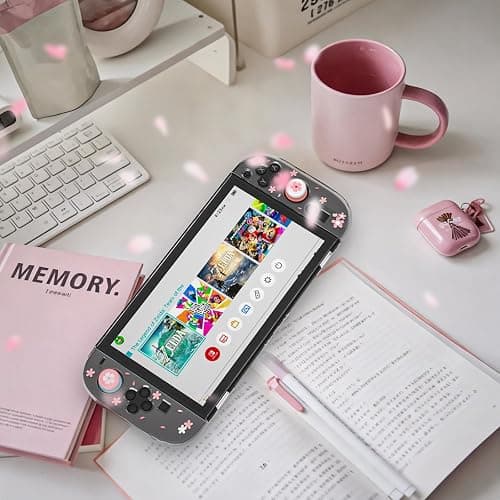 NANANINO Switch 2 Case for Nintendo Switch 2, Dockable Clear Protective Cover with Cherry Blossom Cat Design, Tempered Glass Screen Protector & Thumb Grips, Kawaii Pink Case for Girls thumbnail 9