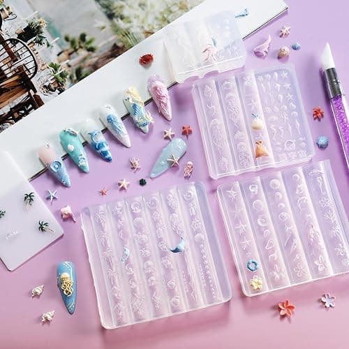 Laza 4pcs Ocean Silicone Nail Art Molds Multiple Mermaid Starfish Nail Mold | Reusable Nail Molds for Nail Art,Good Elasticity,3D Nail Mold, Seashell Jellyfish Beach Nail Charms Molds with Scraper & Pen thumbnail 2