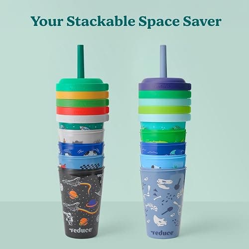 REDUCE GoGo's Kids Portable Tumbler Cups with Lids and Spill-Proof Straws - 10 Pack of Stackable 12 oz Tumblers with Twist-On Lids - Easy Storage, Dishwasher Safe - Club House thumbnail 6
