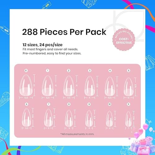 Beetles Short Almond Nail Tips: 12 Sizes 288 PCS Half Matte Full Cover Gel Tips Clear Acrylic Gel Nail Tips Almond Shape for DIY Extension thumbnail 3