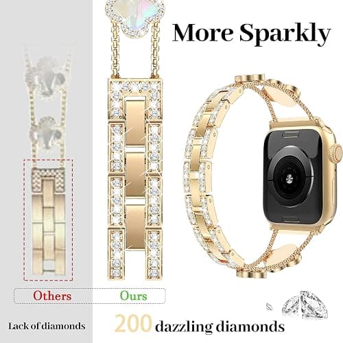 MOINSPIRE Gold Bling Diamond Clover Bands Women Compatible with Apple Watch 40mm 38mm 41mm 42mm(S10) Lucky Cute Sparkle Dressy Bracelet Metal Strap for iWatch Series SE/10/9/8/7/6/5/4/3/2/1 thumbnail 3