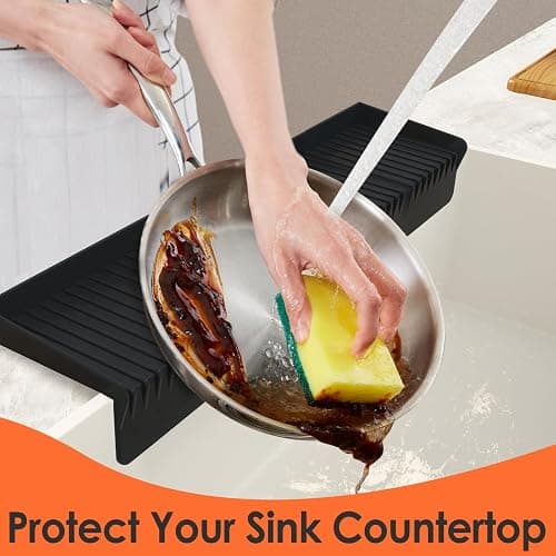 Silicone Sink Edge Protector ＆Splash Guards, 5° Upgrade Multifunction Sink Accessorie, Splash Guard For Bathtub Sink, Countertop Protectors For Kitchen Sink Stainless Steel, Granite, Quartz, Black thumbnail 3