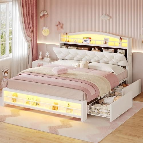 BTHFST Full Bed Frame with Storage Headboard & 4 Drawers, Girl Upholstered Storage Bed with LED Lights & Charging Station, No Box Spring Needed, Easy Assembly, Beige - Image 1
