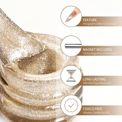 MAYCHAO 15ML Cat Eye Gel Nail Polish 1Pc Champagne Gold Gel Polish with Magnet Soak off Holographic Magnetic Nail Polish for Nail Art Manicure Salon DIY at Home, 0.5 OZ thumbnail 7
