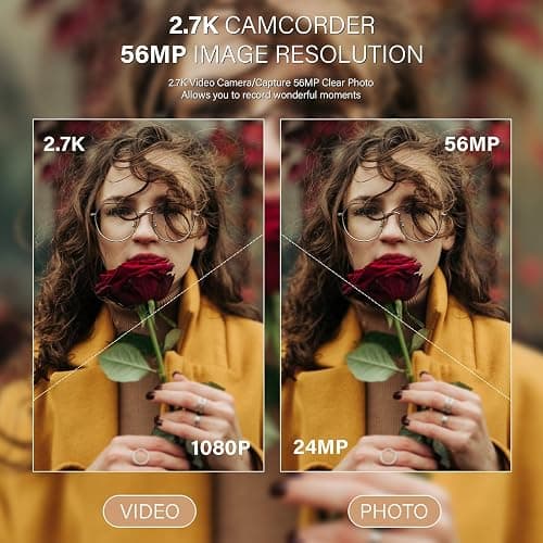 Muitune Camcorder Video Camera QHD 2.7K 56MP 16X Digital Zoom Vlogging Camera with LED Fill Light for YouTube, 2.8 Inch 270 Degree Rotation LCD Screen Camcorder with 32GB SD Card and Two Batteries thumbnail 2