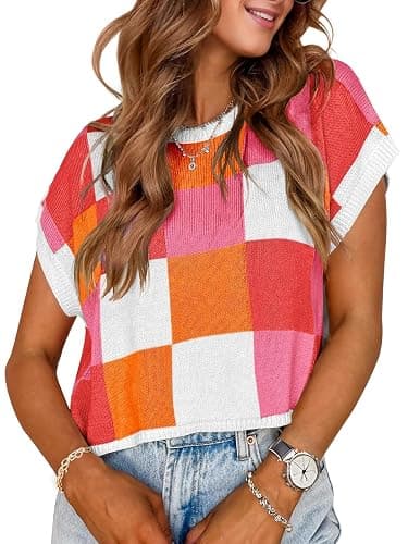 Womens Cute Summer Tops 2026 Short Cap Sleeve Sweater Color Block Trendy Crop Top Knit Vest Checkered Work Shirts Outfits - Image 1