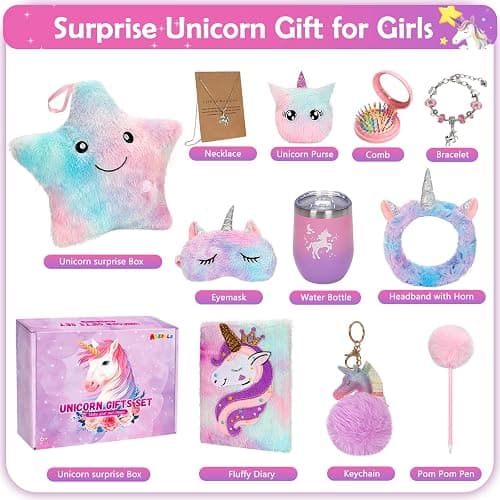 Unicorns Gifts for Girls 5 6 7 8 9 10+ Years Old, Kids Toys Set for Teens Girls Birthday Gifts Christmas, Unicorn Toys with Light Up Soft Plush Star Pillow, Diary Notebook, Headband, Water Bottle thumbnail 7
