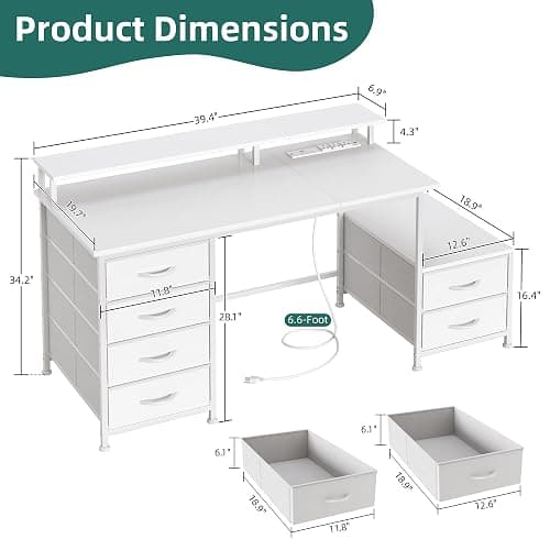 Flrrtenv Computer Desk with 6 Fabric Drawers, 39in Gaming Desk with Power Outlets & Fabric File Cabinet, Home Office Desk with Full Monitor Stand and Shelf, Study Writing Desk for Bedroom, White thumbnail 3