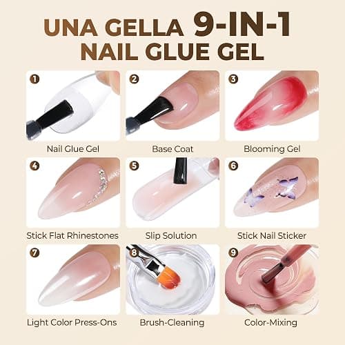 UNA GELLA 9 in 1 Gel Nail Glue for Clear Acrylic Nails Tips 2Pcs 10ml Long Lasting Super Strong Brush on Nail Gel Glue for False Press on Nails Tips Base Blooming Gel, U V Light Required thumbnail 5