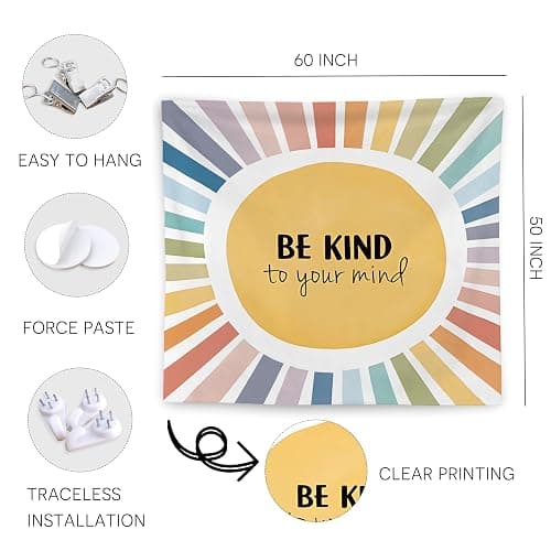 WNAGT Boho Colorful Sunshine Be Kind to Mind Inspirational Tapestry Wall Hanging, Motivational Mental Health Wall Blanket Decor for Counseling Office Therapy Office Bedroom Living Room, 50x60 Inch thumbnail 6