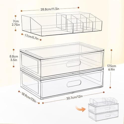 Clear Stackable Makeup Organizer with Drawer, 12''W Acrylic Storage Drawers, Cosmetic Display Case for Vanity Bathroom Countertop, Beauty Holder for Lipstick Brush Skincare Perfume thumbnail 3