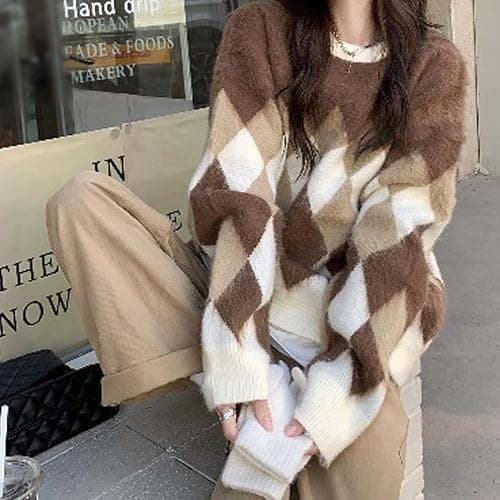 Women Argyle Plaid Oversized Sweater Dark Academia Clothing Y2k Vintage Aesthetic Pullover Top Harajuku Preppy Clothes - Large B Brown thumbnail 4