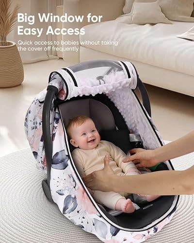 Sweetwavet Car Seat Cover Baby Girls, Infant Car Seat Canopy Outdoor, 2 Layers with Mesh and Sun Shade Window for Summer Winter, Easy Access Carseat Covers Snug Fit Baby Stroller - Pink Floral thumbnail 4