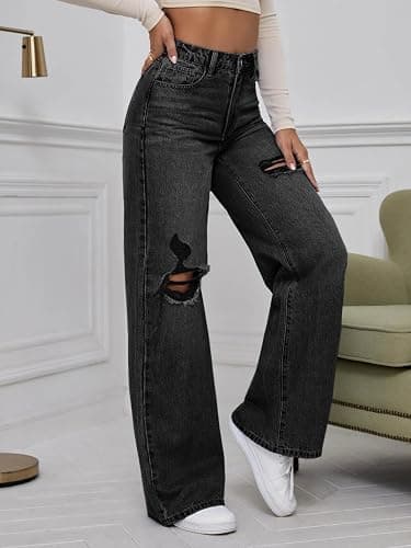 WDIRARA Women's High Waist Ripped Wide Leg Baggy Jeans Distressed Denim Pants thumbnail 4