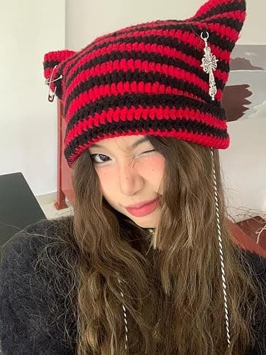 Grunge Beanies Crochet Knitted Hats for Women Girls Fox Cat Ear Goth Emo Alt Y2K Accessories Grunge Clothes thumbnail 2