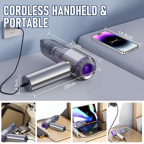 houscly Car Vacuum Portable Cordless 20000PA High Power Mini Vacuum Cleaner 4-in-1 Compressed Air Duster & Air Blower & Pump Hand Held Vacuum with Brushless Motor for Car, Home, Office,Camping thumbnail 2