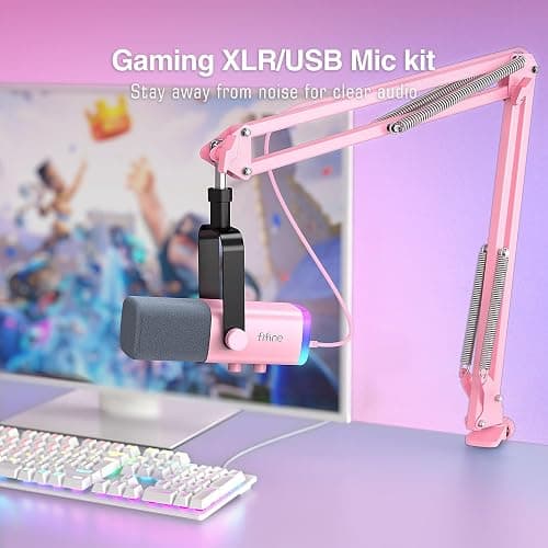 FIFINE XLR Gaming Microphone USB, PC Dynamic Microphone Kit for Vocal, Recording, Podcast, Streaming RGB Mic with Headphone Jack, Mute Button, Boom Arm Stand for Computer/Mixer-AmpliGame AM8T Pink thumbnail 2
