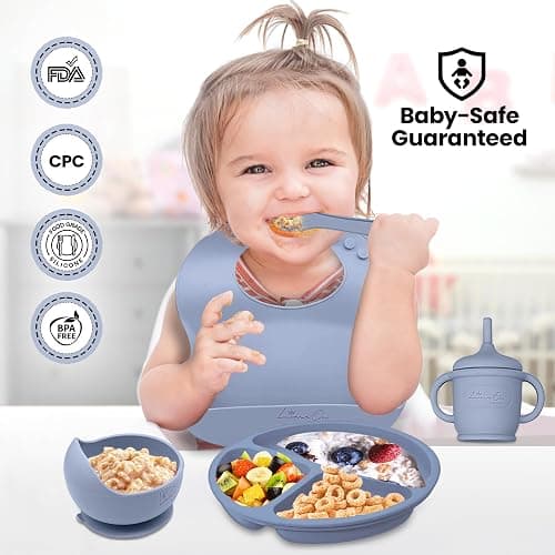 Silicone Baby Feeding Set – 10 Pcs Baby Led Weaning Supplies & Self Feeding Kit | BPA-Free Toddler Plates and Bowls Set, Bib, Fruit Feeder, Cup, Spoons & Forks – Empower Independence with LimeOr -Gray thumbnail 3