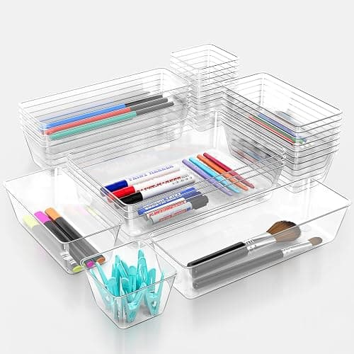 DESK | Amazon | 12 Piece Clear Drawer Organizer Set, 3 Sizes Bathroom Vanity Organizer Trays and Storage Bins for Makeup, Cosmetics, Jewelry, and Gadgets. Perfect for Office, Kitchen, Bedroom, Bathroom Use. thumbnail 8