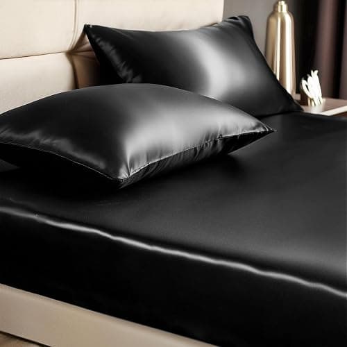 BEDELITE Satin Fitted Sheet and Pillowcases Set, Luxury Soft Similar to Silk Bottom Bed Sheet with Elastic Corner Straps, Deep Pocket up to 15 Inch, 1 Fitted Sheet and 2 Pillowcases(Full, Black) - Image 1