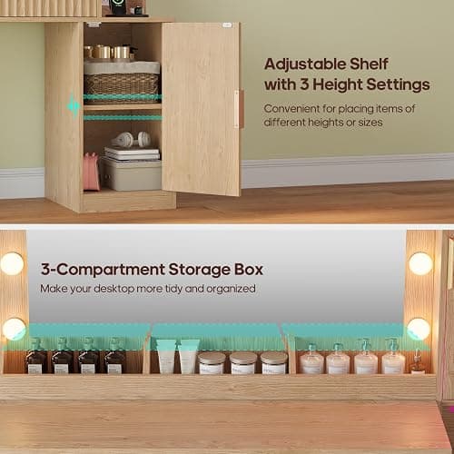 BTHFST Fluted Makeup Vanity Desk with Large 31.5" Mirror and Lights, 46.1" Wood Vanity with Charging Station & RGB Lights, Dressing Table with 6 Drawers & Cabinet & Shelves, Oak thumbnail 7